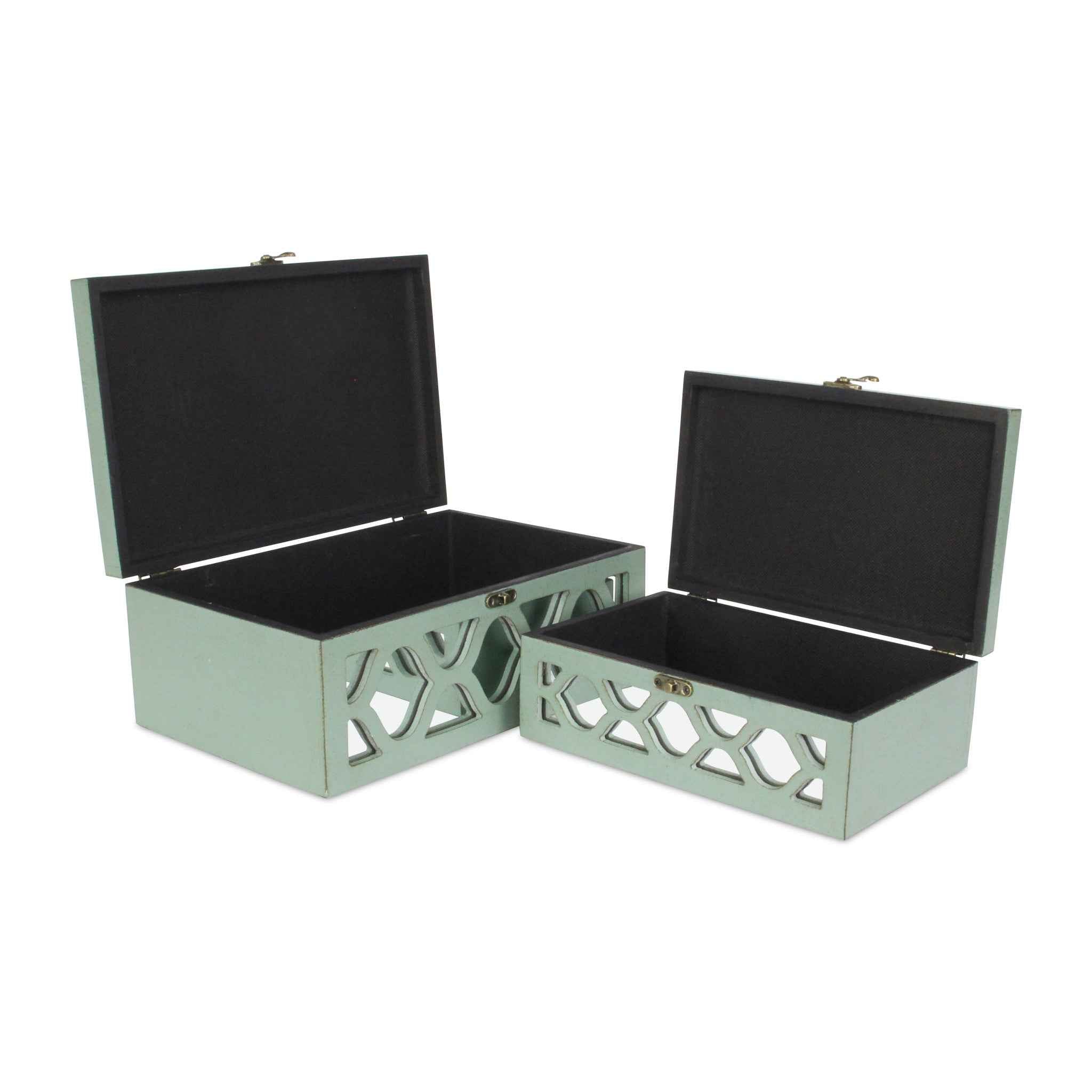 Set of Two Blue Mirrored Glass And Wood Box With Lid