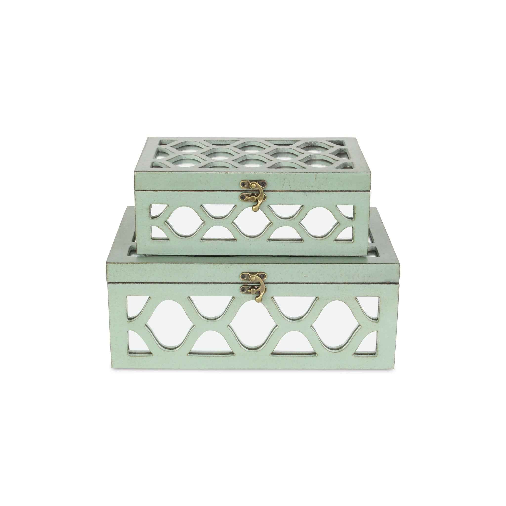 Set of Two Blue Mirrored Glass And Wood Box With Lid