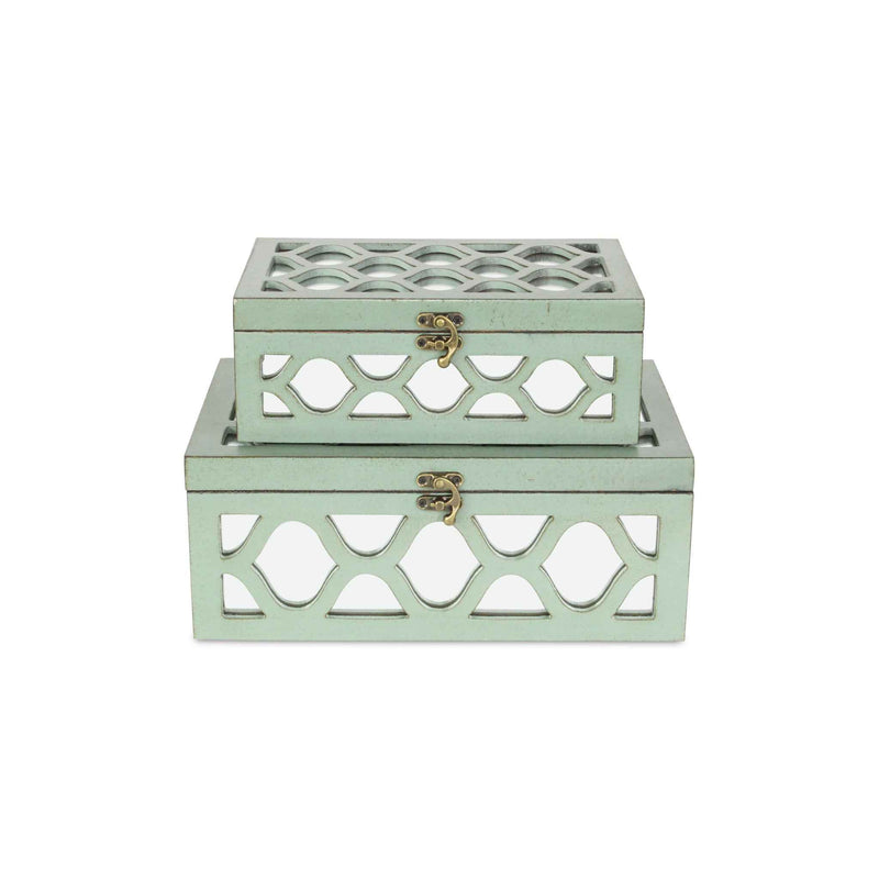 Set of Two Blue Mirrored Glass And Wood Box With Lid