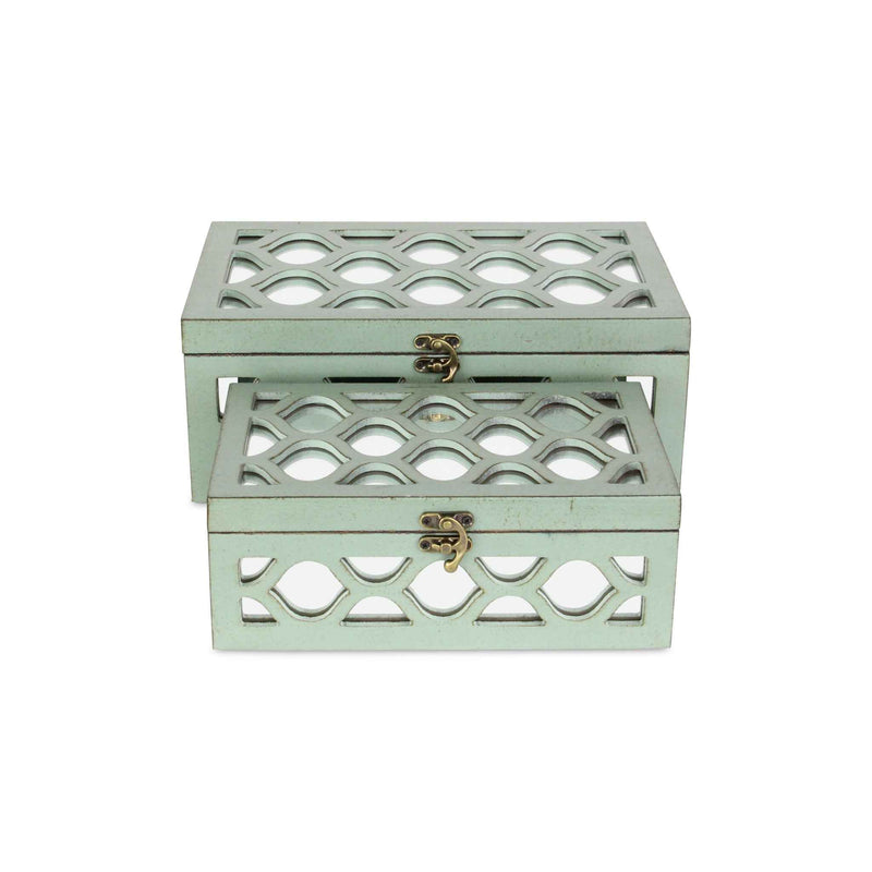 Set of Two Blue Mirrored Glass And Wood Box With Lid