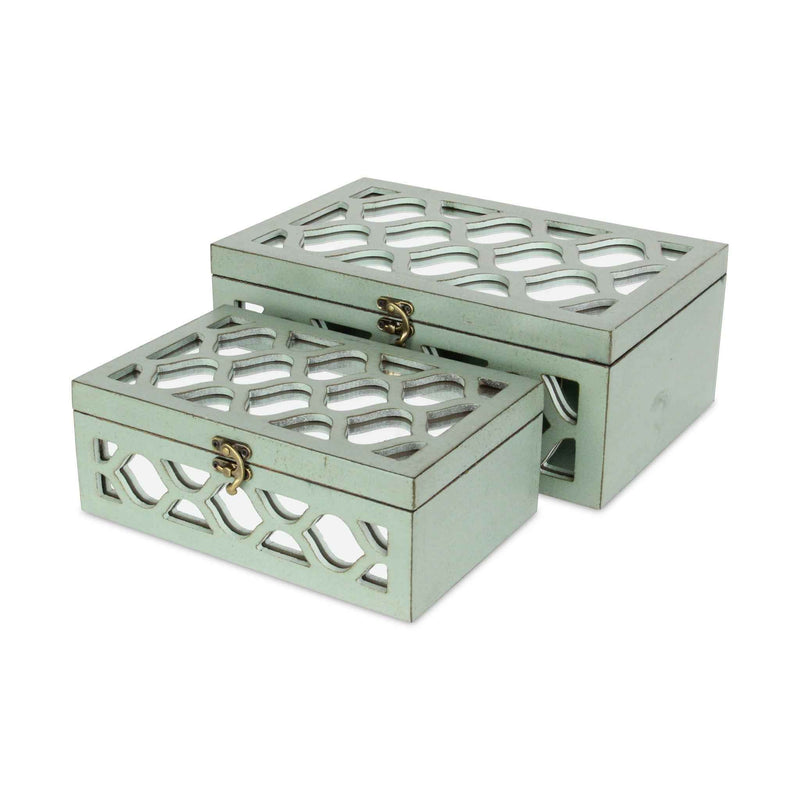 Set of Two Blue Mirrored Glass And Wood Box With Lid