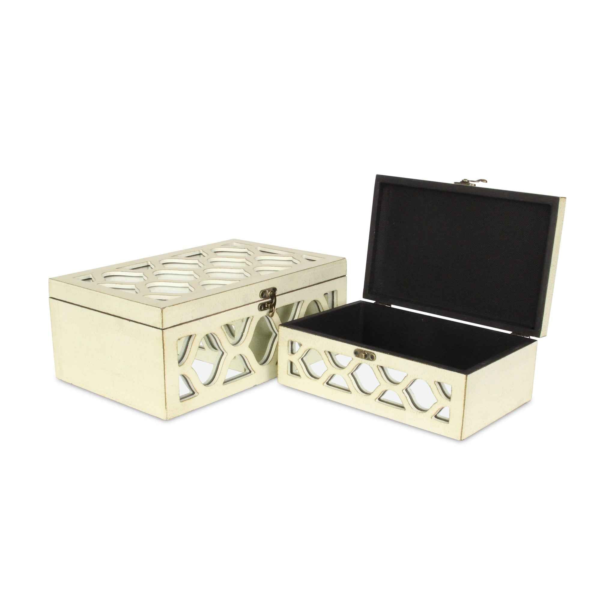 Set of Two White Mirrored Glass And Solid Wood Box With Lid