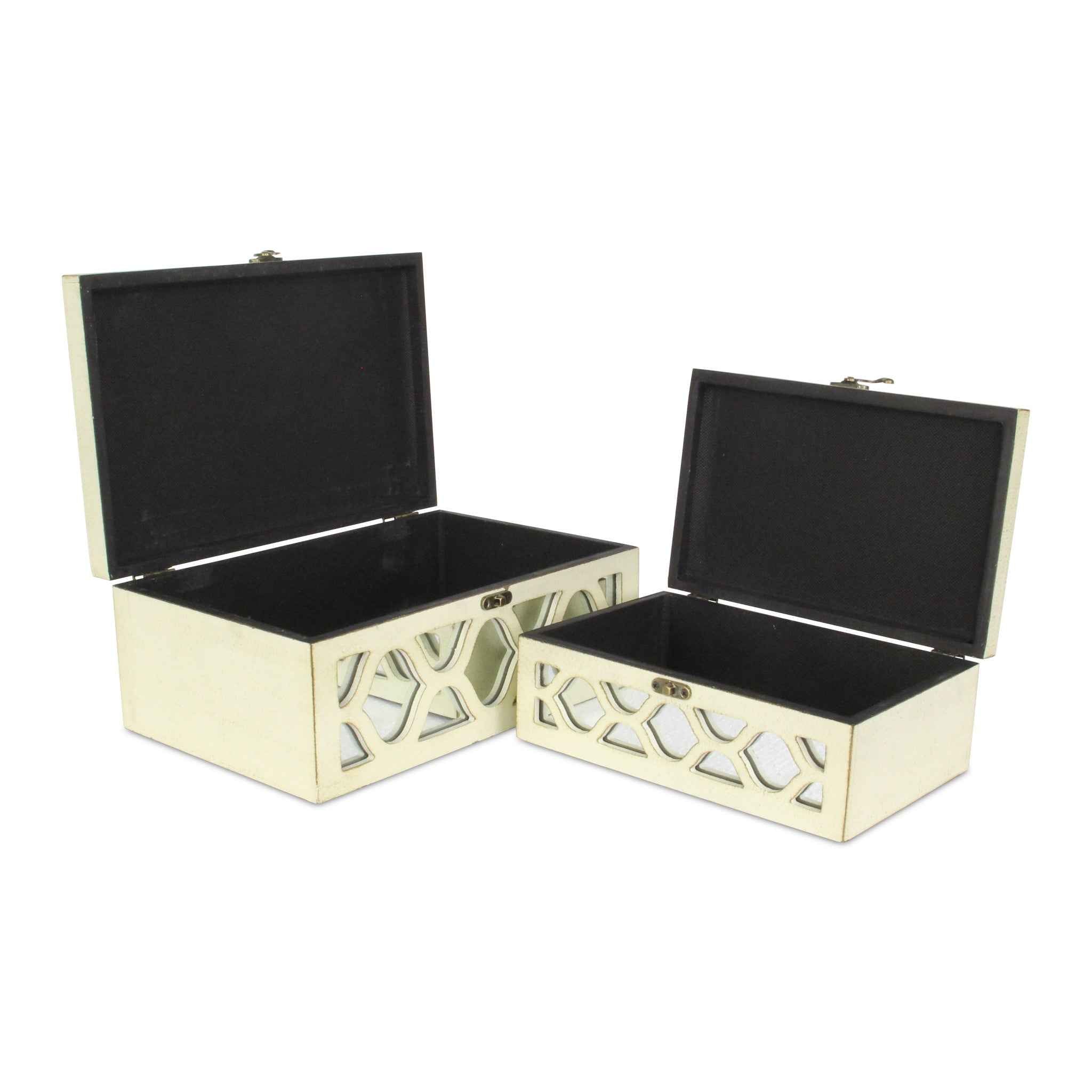 Set of Two White Mirrored Glass And Solid Wood Box With Lid