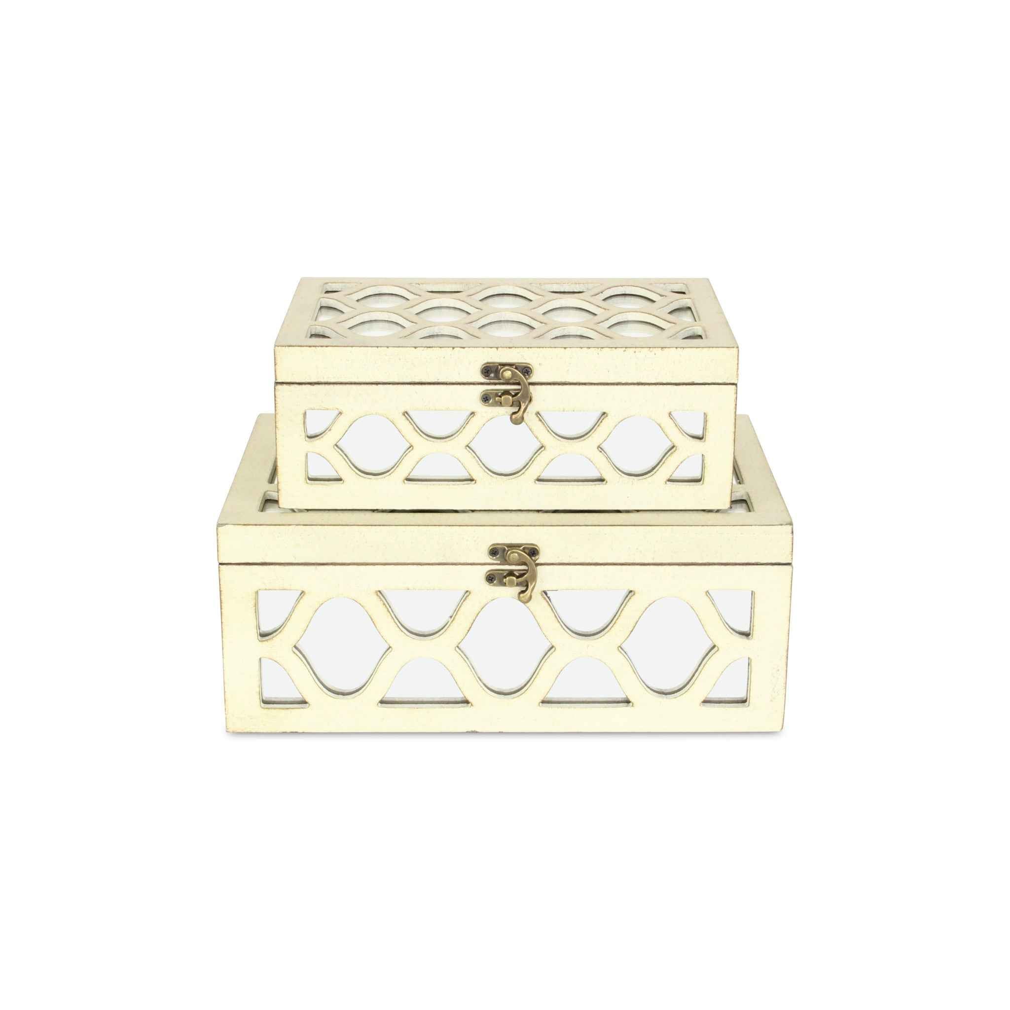 Set of Two White Mirrored Glass And Solid Wood Box With Lid