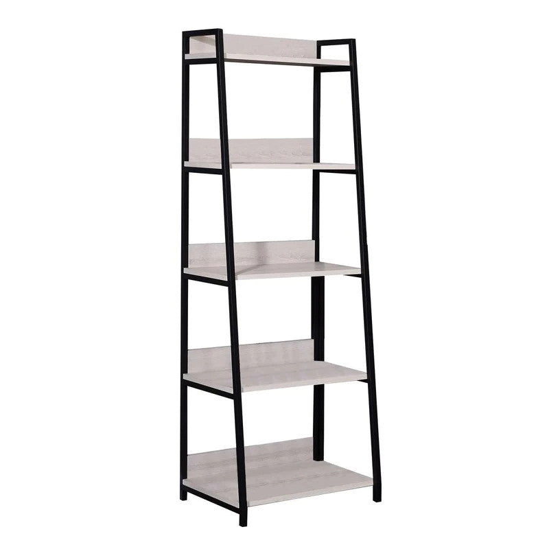 67" Natural and Black Metal Five Tier Ladder Bookcase - Office