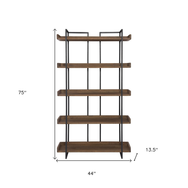75" Black And Brown Metal and Wood Five Tier Bookcase - Office