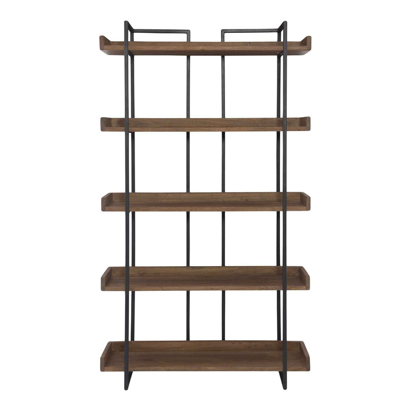 75" Brown and Black Metal and Wood Five Tier Bookcase