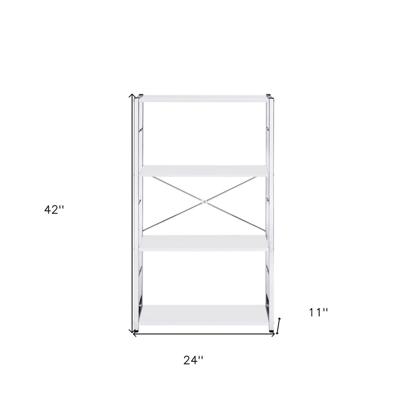 42" White And Silver Metal and Wood Four Tier Etagere Bookcase - Office