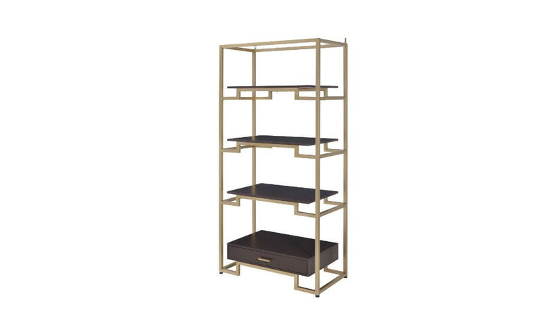 78" Gold and Black Metal Four Tier Etagere Bookcase with a Drawer - Office