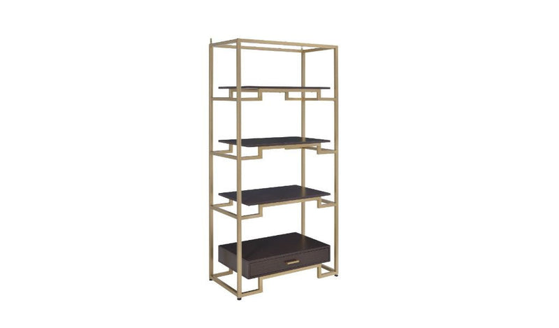 78" Gold and Black Metal Four Tier Etagere Bookcase with a Drawer - Office