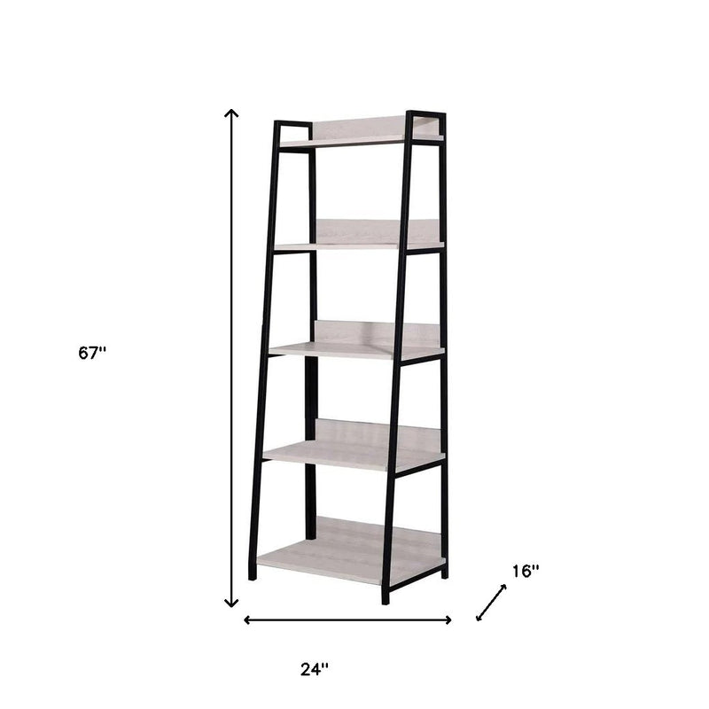 67" Natural and Black Metal Five Tier Ladder Bookcase - Office