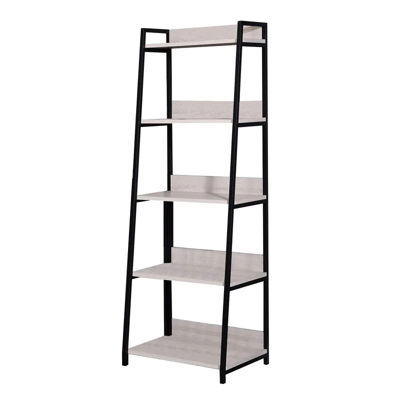 67" Natural and Black Metal Five Tier Ladder Bookcase - Office