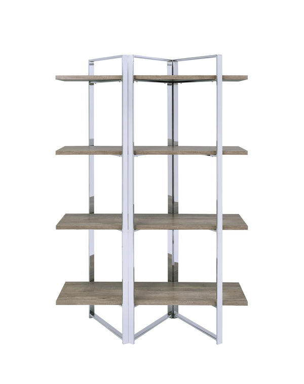 72" Natural And Silver Metal and Wood Four Tier Etagere Bookcase - Office