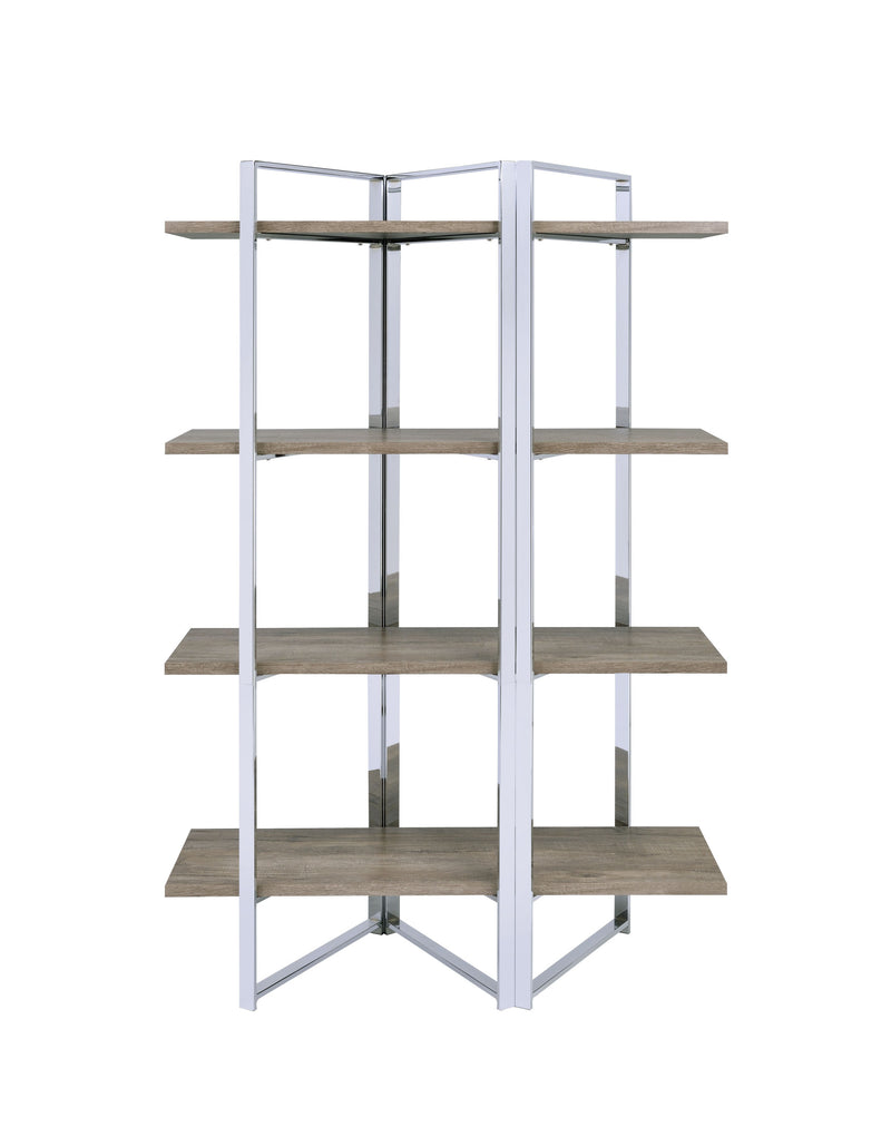 72" Natural And Silver Metal and Wood Four Tier Etagere Bookcase - Office