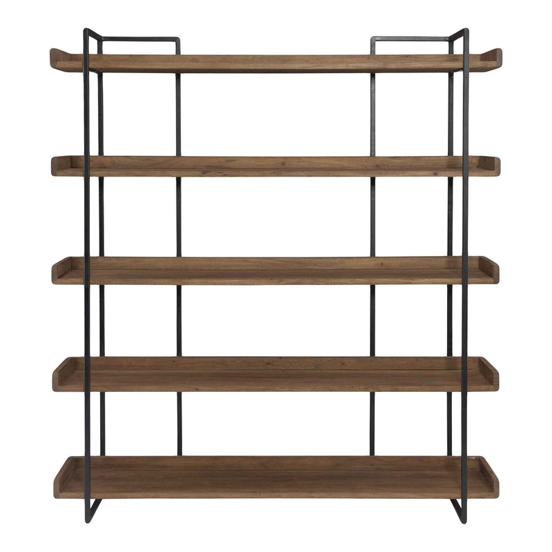 76" Brown and Black Metal and Wood Five Tier Bookcase