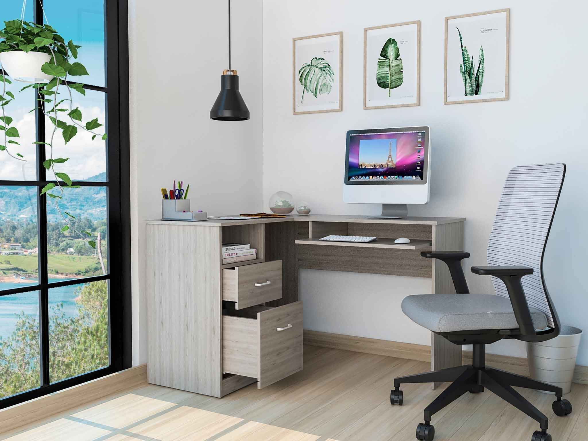 41" Light Gray L Shape Computer Desk With Two Drawers