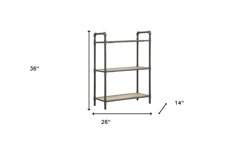 36" Antique Oak and Sandy Gray Metal Three Tier Standard Bookcase - Office