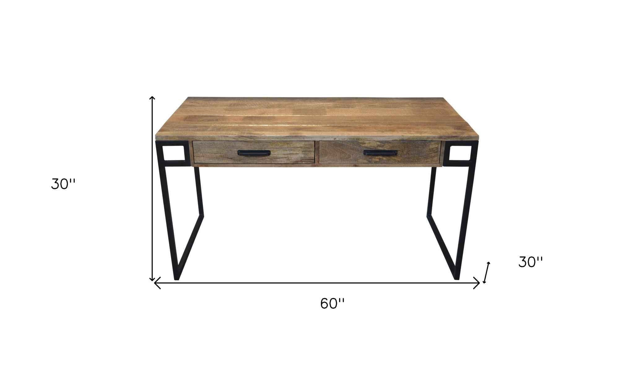 60" Natural and Black Solid Wood Writing Desk With Two Drawers