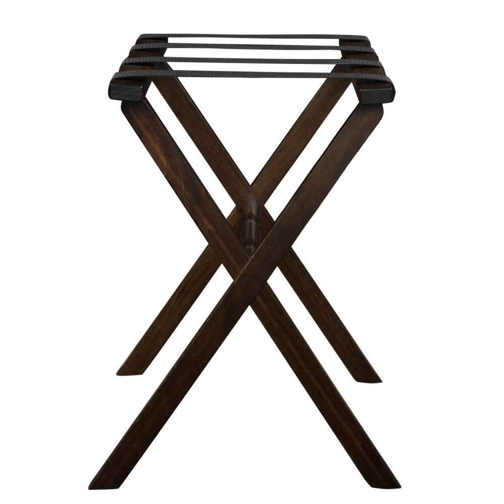 Hotel Dark Walnut Finish Wood Folding Luggage Rack With Black Straps