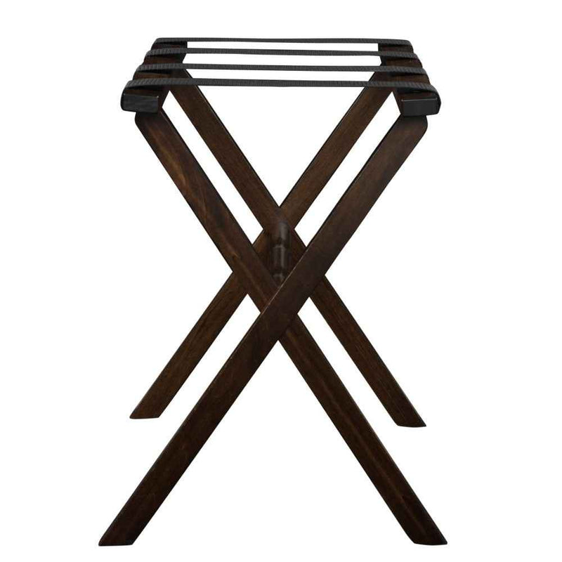 Hotel Dark Walnut Finish Wood Folding Luggage Rack With Black Straps
