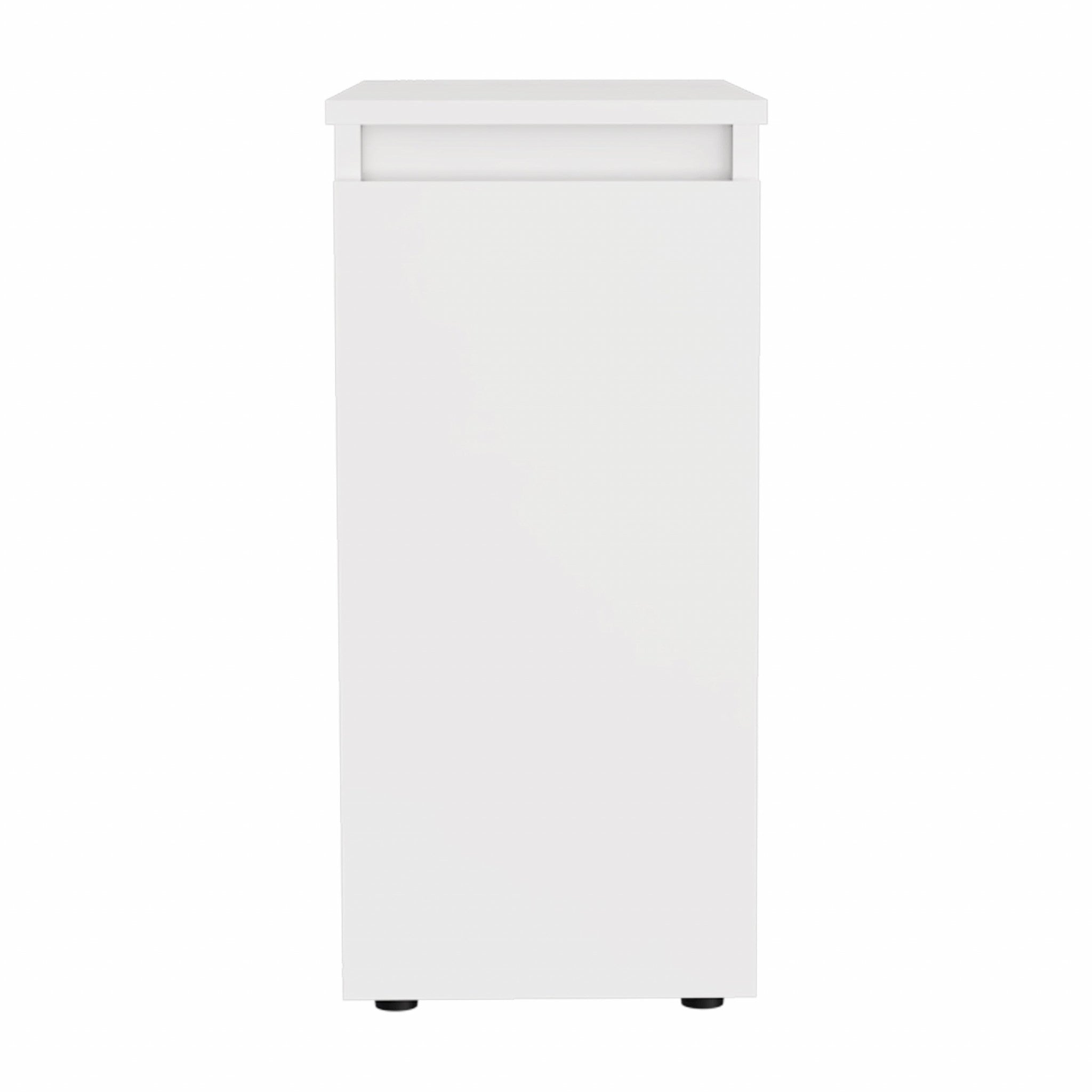 White freestanding bathroom vanity cabinet with top ledge and two doors
