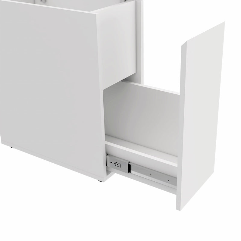 White vanity cabinet with open drawer and interior shelf