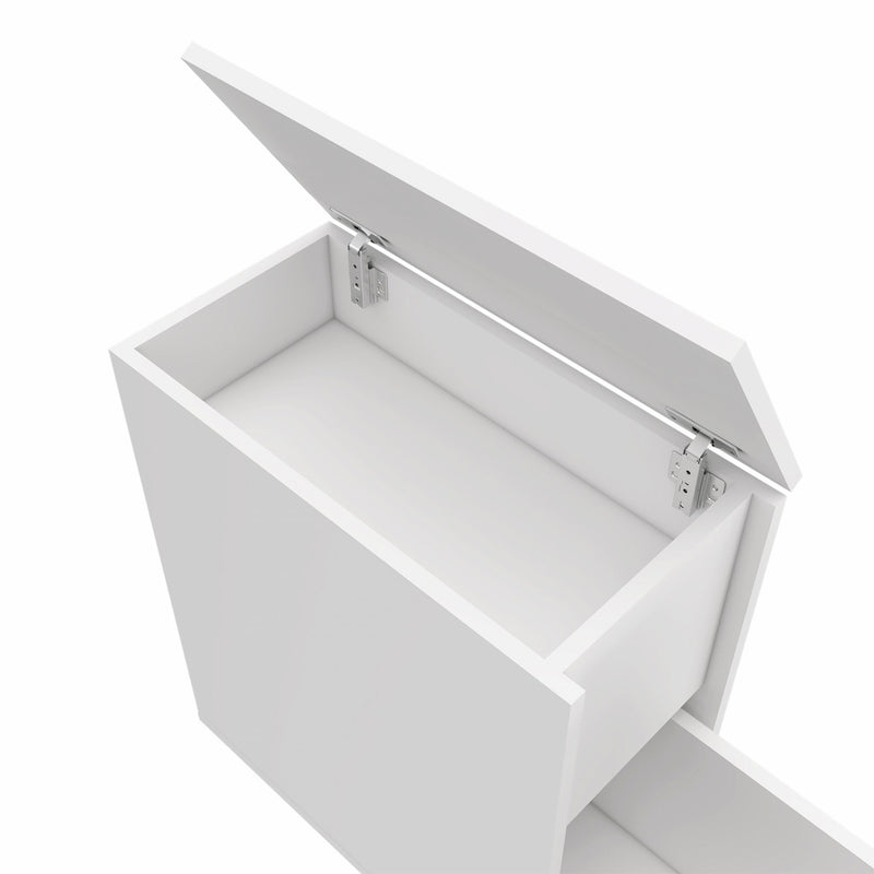 White vanity drawer interior with metal hinges and rails