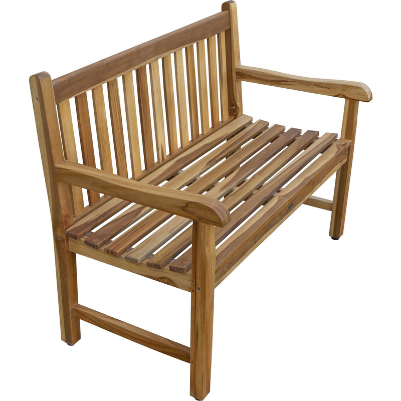 Natural teak garden bench with slatted back and seat, curved armrests and wood legs
