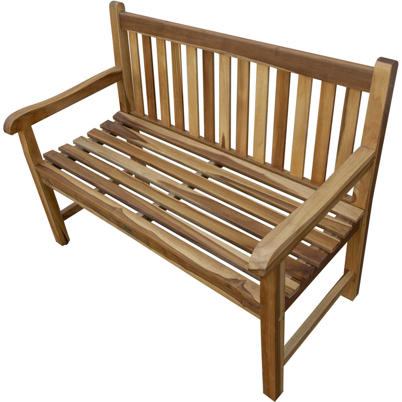 Natural teak garden bench with slatted backrest and curved armrests, plank seat