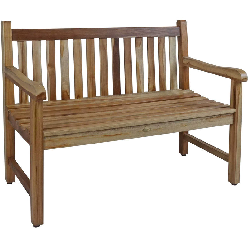 Natural teak garden bench with slatted back, wide plank seat, and curved side armrests