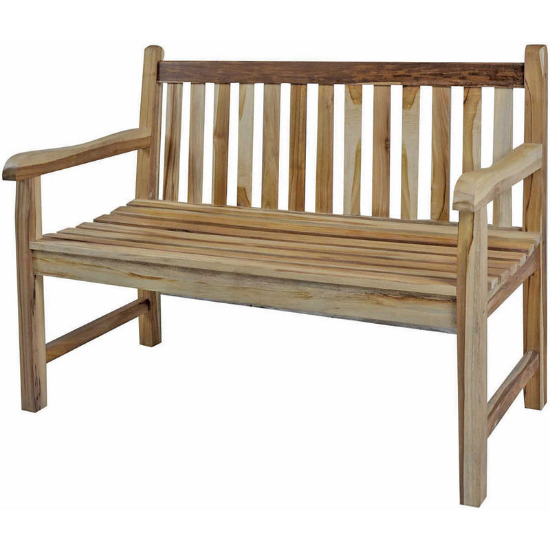 Natural teak garden bench with slatted back and seat, curved armrests, side view