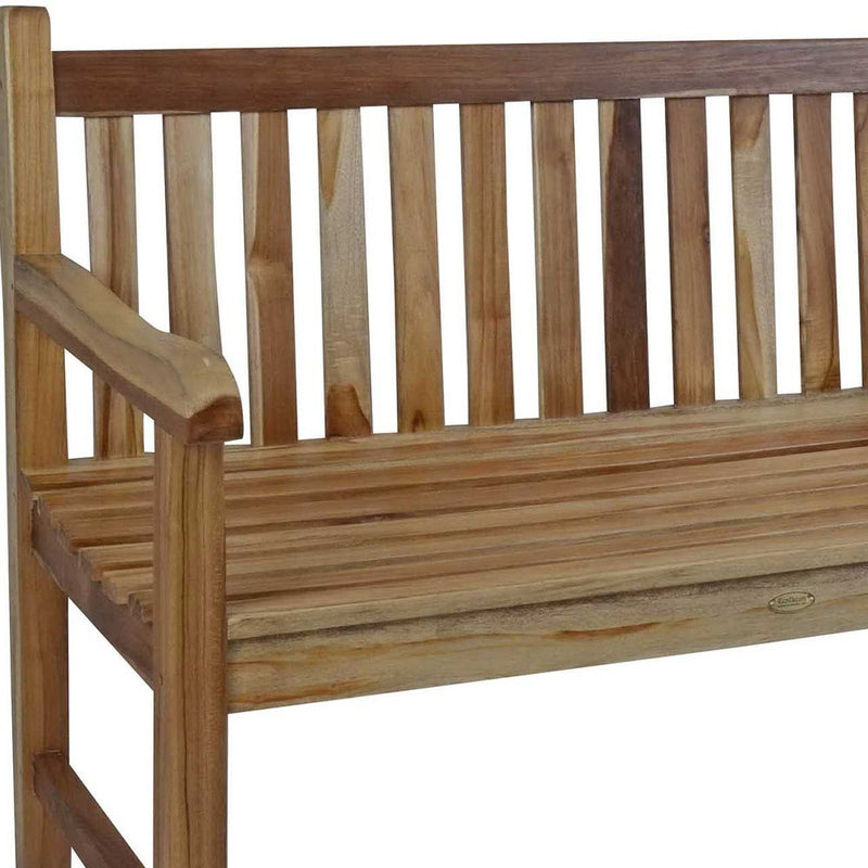 Natural teak wood garden bench with slatted back and armrests, solid plank seat