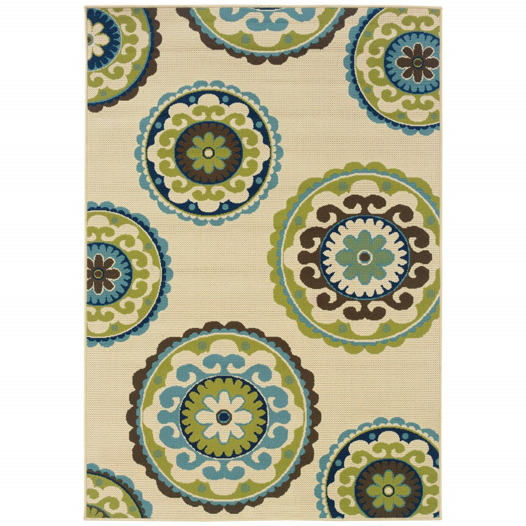 8' X 13' Ivory Indigo And Lime Green Floral Medallion Indoor Outdoor Area Rug - Outdoor