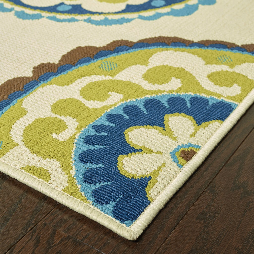 8' X 13' Ivory Indigo And Lime Green Floral Medallion Indoor Outdoor Area Rug - Outdoor