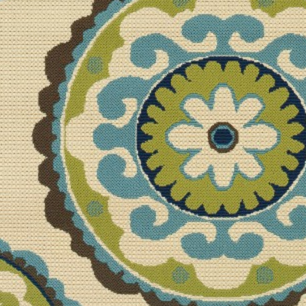 8' X 13' Ivory Indigo And Lime Green Floral Medallion Indoor Outdoor Area Rug - Outdoor