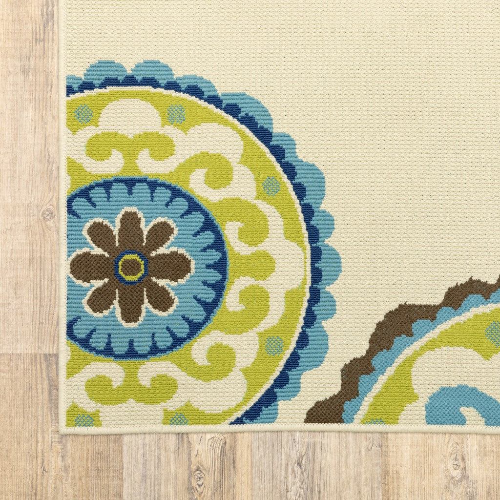 8' X 13' Ivory Indigo And Lime Green Floral Medallion Indoor Outdoor Area Rug - Outdoor