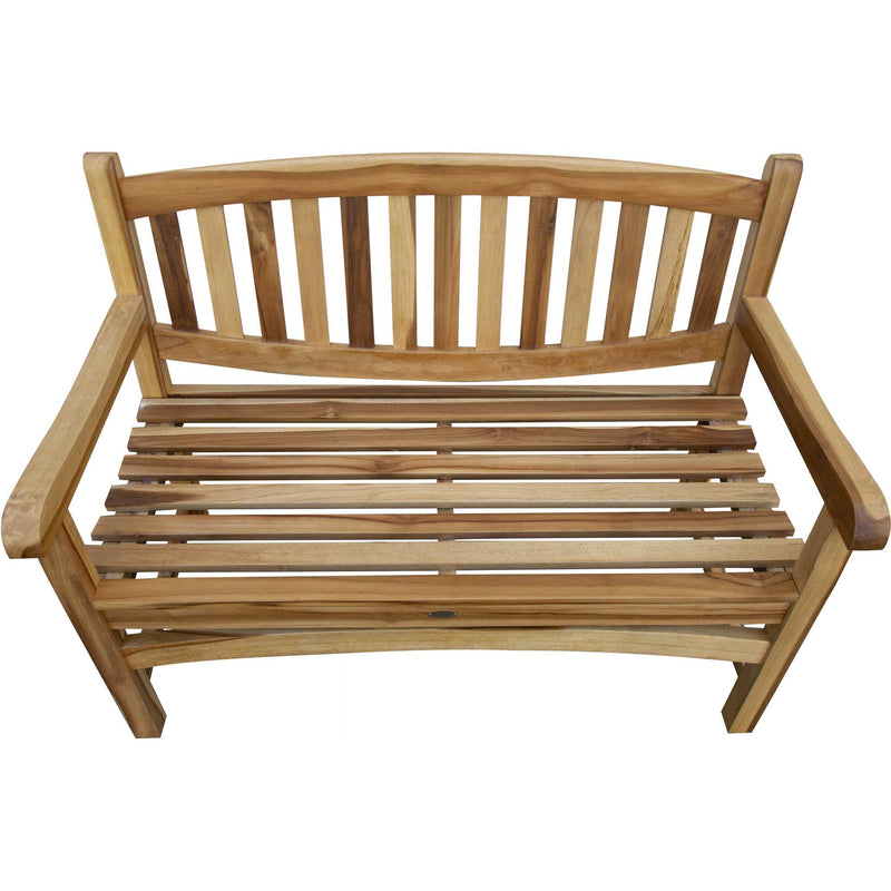 Teak garden bench with slatted back and seat, shown from above