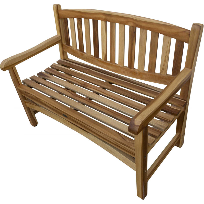 Teak garden bench with slatted seat and backrest, rounded armrests
