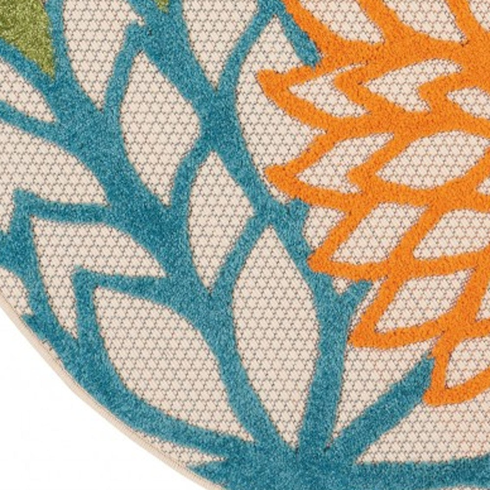 4' Ivory And Blue Round Indoor Outdoor Area Rug - Outdoor