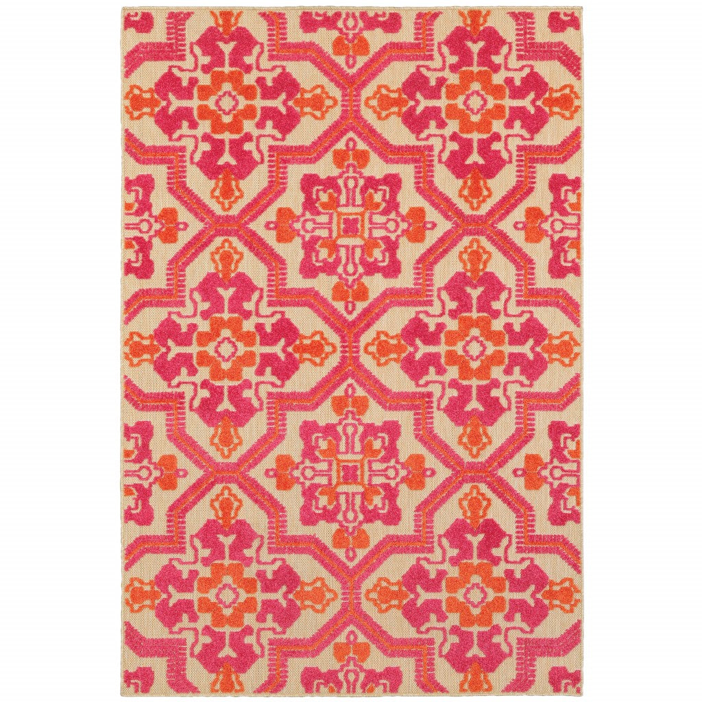 10' X 13' Pink And Orange Moroccan Indoor Outdoor Area Rug - Outdoor