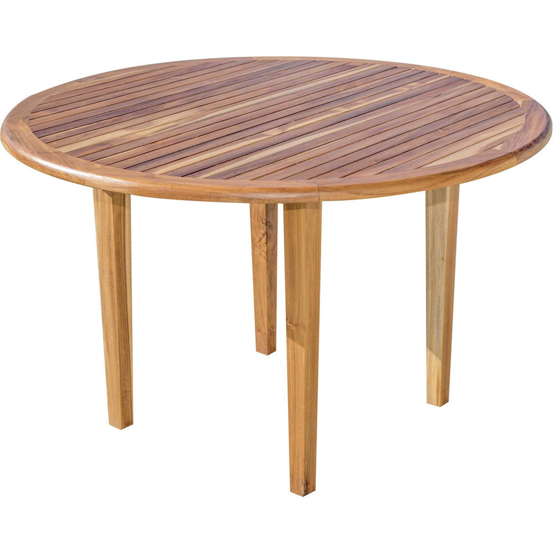Round natural wood outdoor dining table with slatted dark blue tabletop