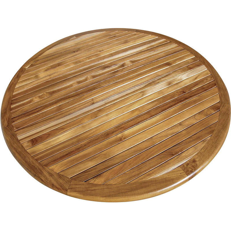 Top view of round slatted tabletop on natural solid wood outdoor dining table
