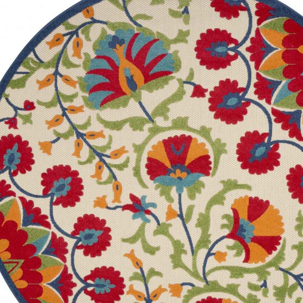 8' Red And Ivory Round Floral Indoor Outdoor Area Rug