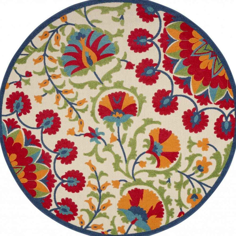 8' Red And Ivory Round Floral Indoor Outdoor Area Rug