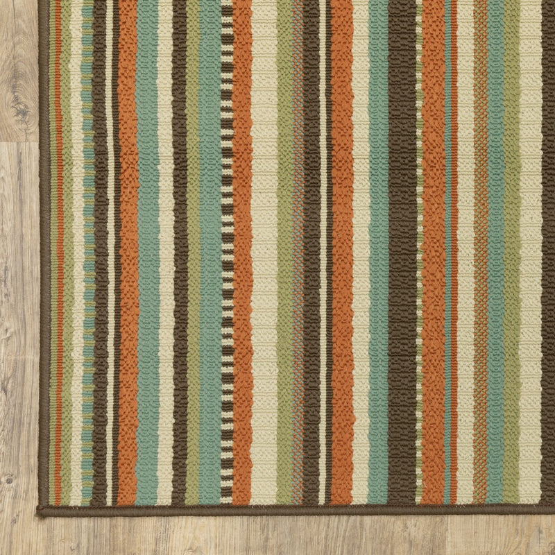 Multicolor striped indoor/outdoor area rug with dark border edge