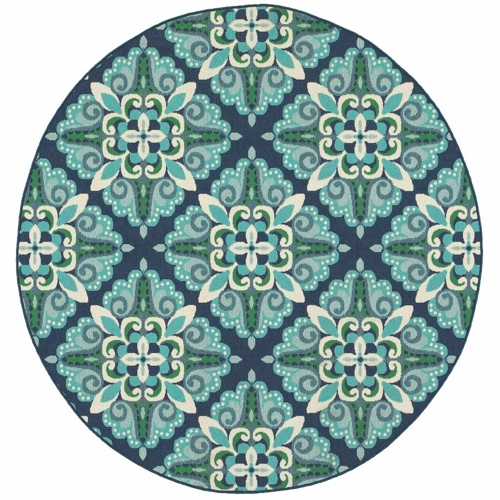 8' X 8' Blue And Green Round Indoor Outdoor Area Rug - Outdoor