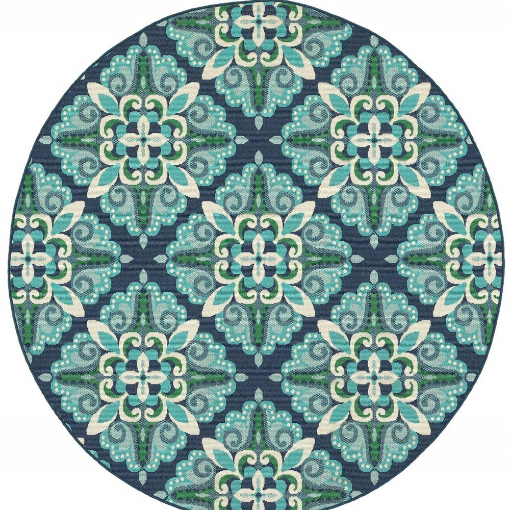 8' X 8' Blue And Green Round Indoor Outdoor Area Rug - Outdoor