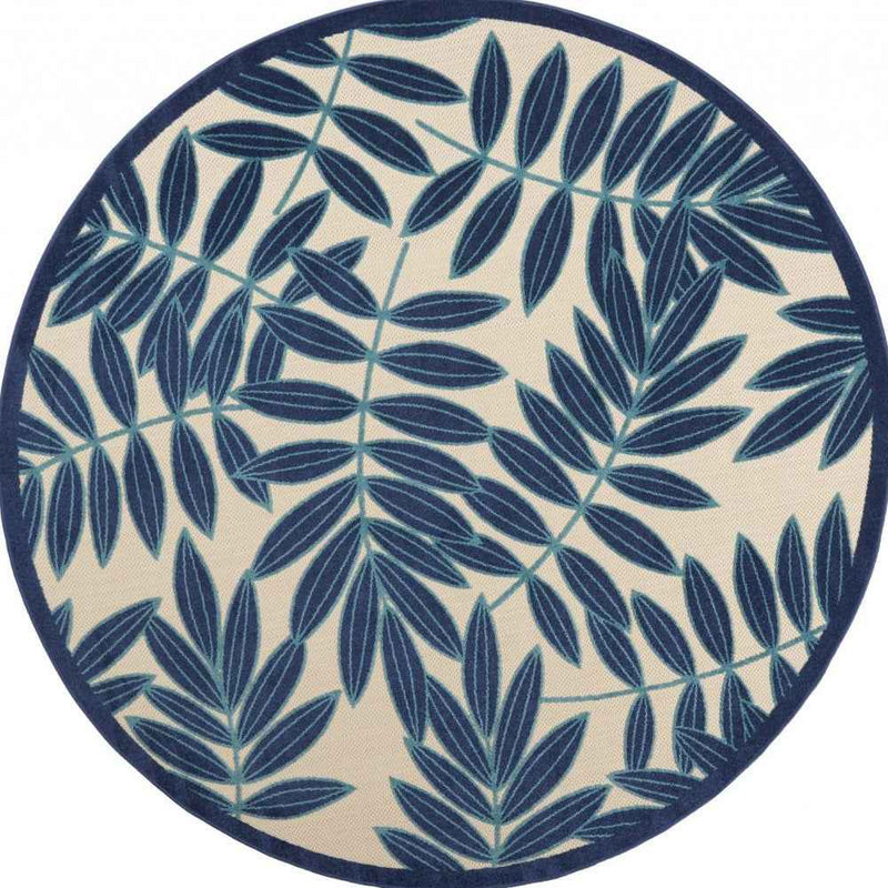 8' Blue And Ivory Round Floral Indoor Outdoor Area Rug