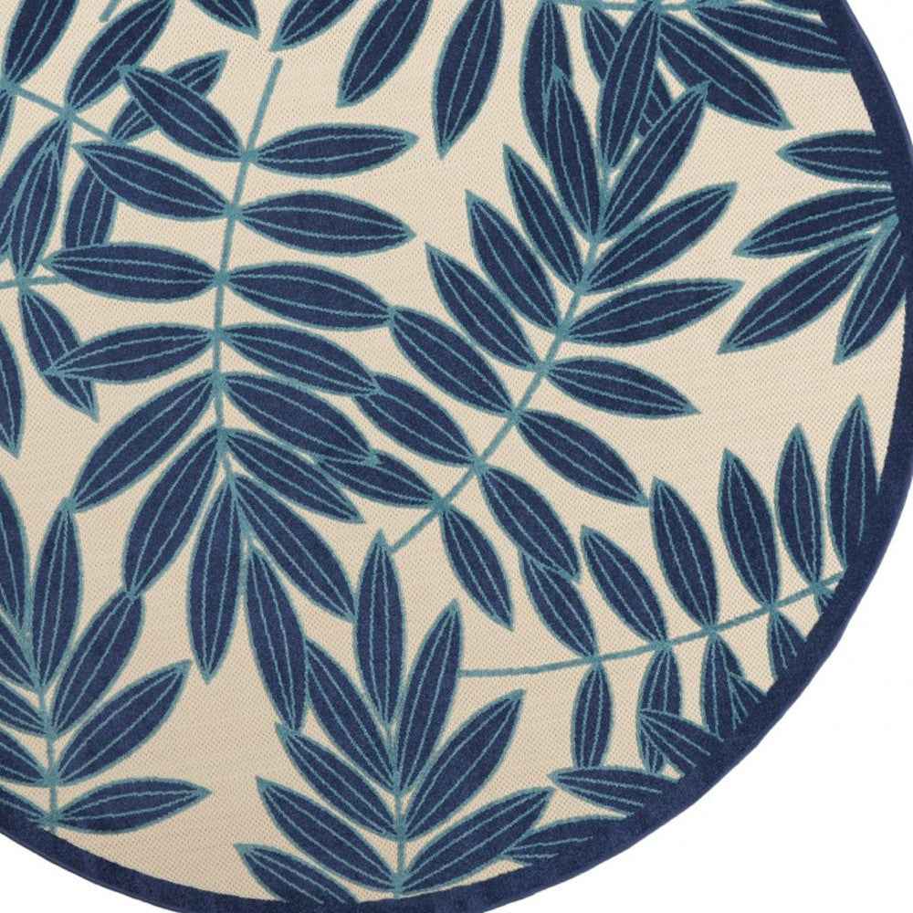 8' Blue And Ivory Round Floral Indoor Outdoor Area Rug