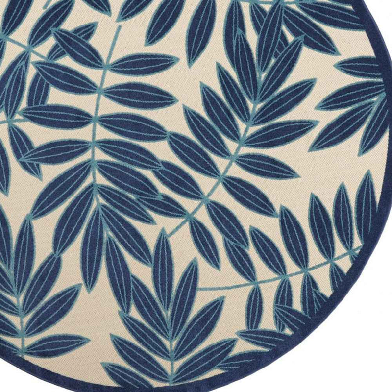 8' Blue And Ivory Round Floral Indoor Outdoor Area Rug